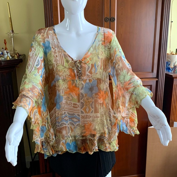 Serpil Tops - Boho style sheer tunic top ruffled loose sleeves brown orange blue flower US L